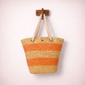 Large Straw Beach Tote with Orange Stripes – Woven Summer Bag